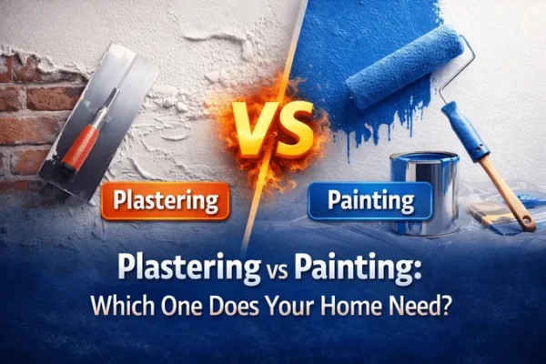 Comparison graphic showing plastering tools versus painting tools.