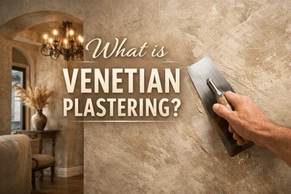Hand applying Venetian plaster to textured wall with a trowel.