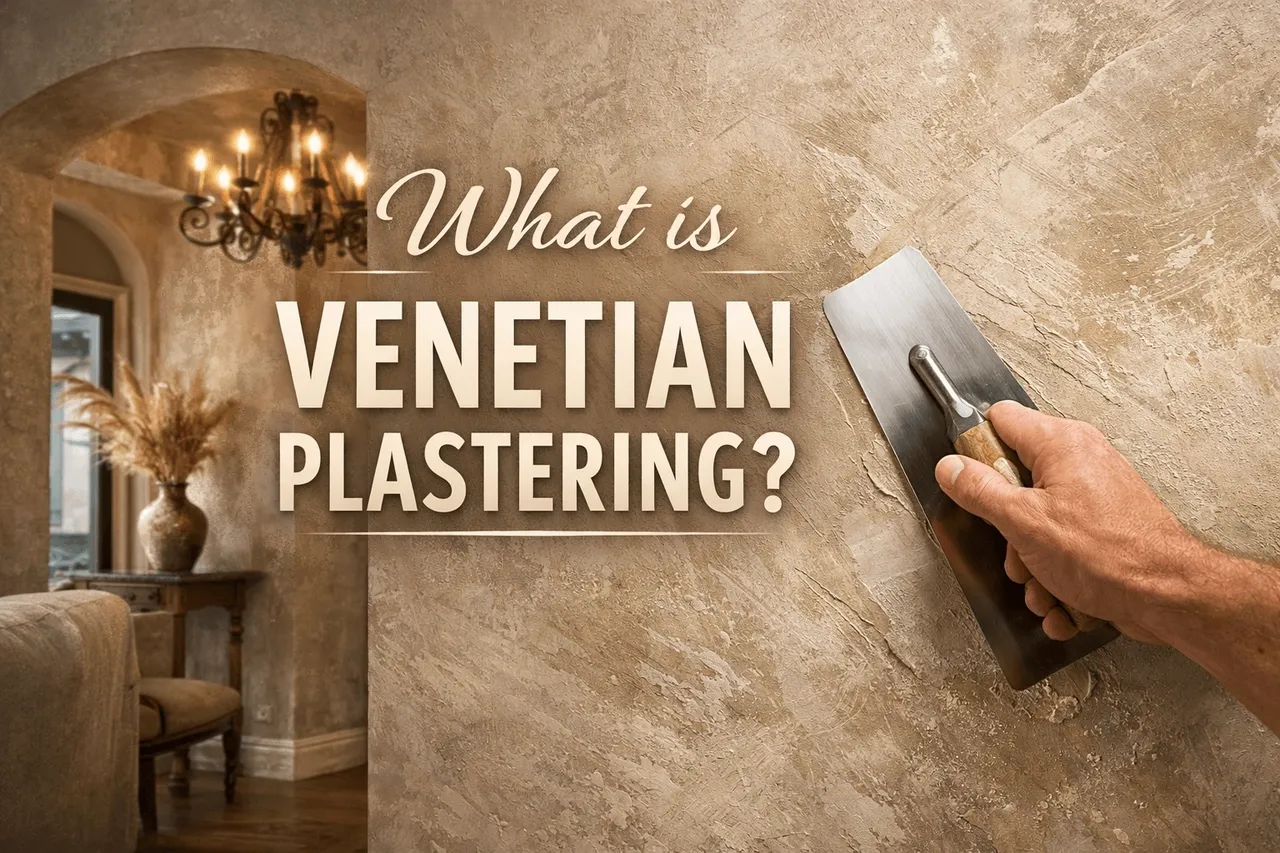 Hand applying Venetian plaster to textured wall with a trowel.