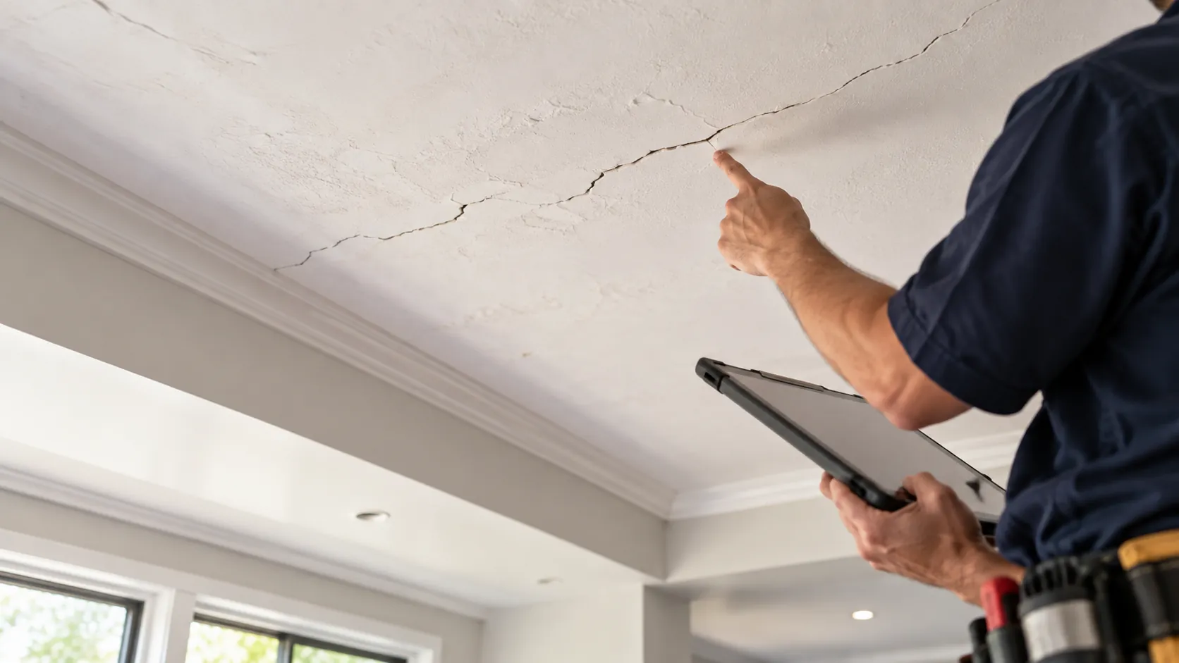 Plasterer inspecting a large ceiling crack in a Brisbane home to assess whether ceiling repairs are required.