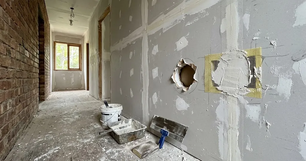 How to fix a hole in a plaster wall, with a doorknob hole, a mesh patch and plastering tools in a hallway